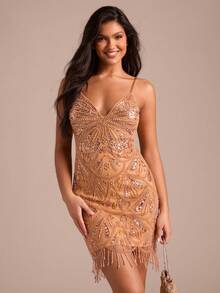 Enchnt Premium Summer Romantic Women's Brown Beaded Decor Short Camisole Dress,Party Dress,Wedding Guest,Luxury Evening Dress,Vacation Outfits - Brown - View 5