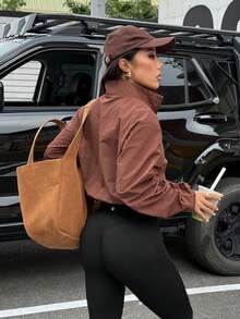 Dewbera 女士休闲纯色拉链长袖运动夹克 - 棕色 - 查看 2