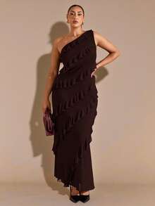 SHEIN BAE Plus Size Women Asymmetric Ruffle Hem Long Dress, Early Autumn - Coffee Brown - View 4