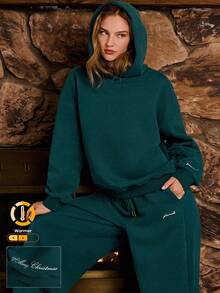 GLOWMODE Very Merry Heavyweight Fleece Soft Plush Relaxed Embroidered Hoodie Holiday Christmas Autumn Winter Outdoors Daily Casual Wear - 墨綠色 - 查看 1