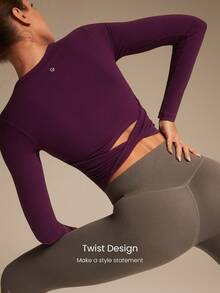 GLOWMODE FeatherFit™ Twist And Flow Crewneck Twisted Back Thumbholes Built-In Bra Long-Sleeve Top Low-Impact Yoga Pilates Barre Gym Studio Daily Casual Wear - Bold Plum - View 4