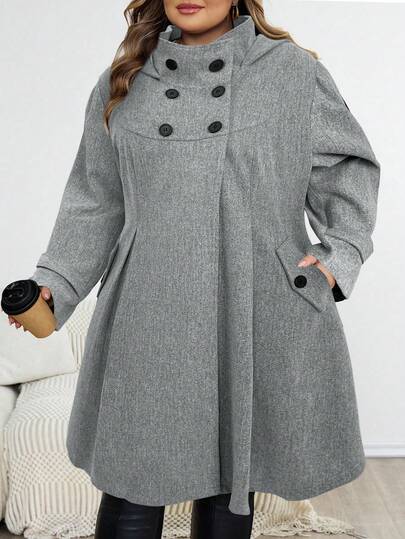 SHEIN CURVE+ Plus Size Women Black Hooded Cinched Waist A-Line Coat, Casual Style For Autumn/Winter/Autumn /Winter