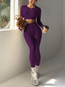 Gameset SHEIN Sport 女士纯色无缝高弹力短款上衣和紧身裤运动套装 - Bold Plum - 查看 7