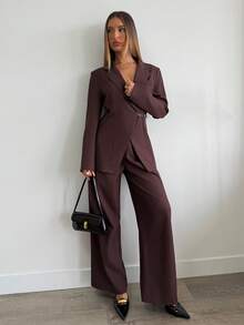 Aloruh Conjunto de chándal informal de mujer con sudadera de cuello de solapa de manga larga y pantalones de pierna ancha de unicolor - Café integral - Ver 1