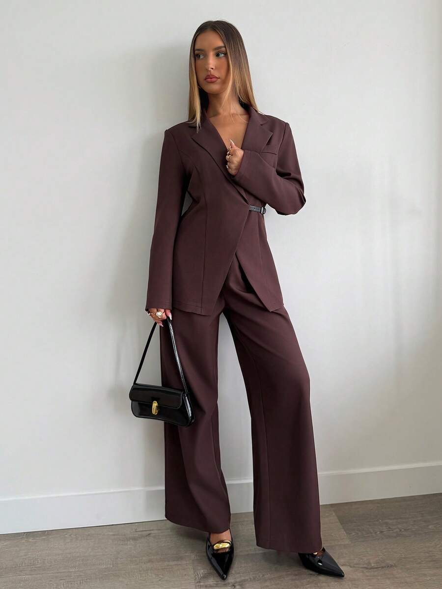 Aloruh Conjunto de chándal informal de mujer con sudadera de cuello de solapa de manga larga y pantalones de pierna ancha de unicolor - Café integral - Ver 1