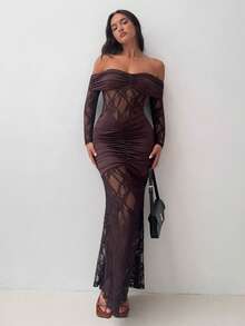 Aloruh Brown Retro Sexy High-End Elegant Party Banquet Off-Shoulder Ruched Mesh Patchwork Long Sleeve Extra Long Women's Dress, Suitable For Winter, Valentine's Day, New Year - Brown - View 8