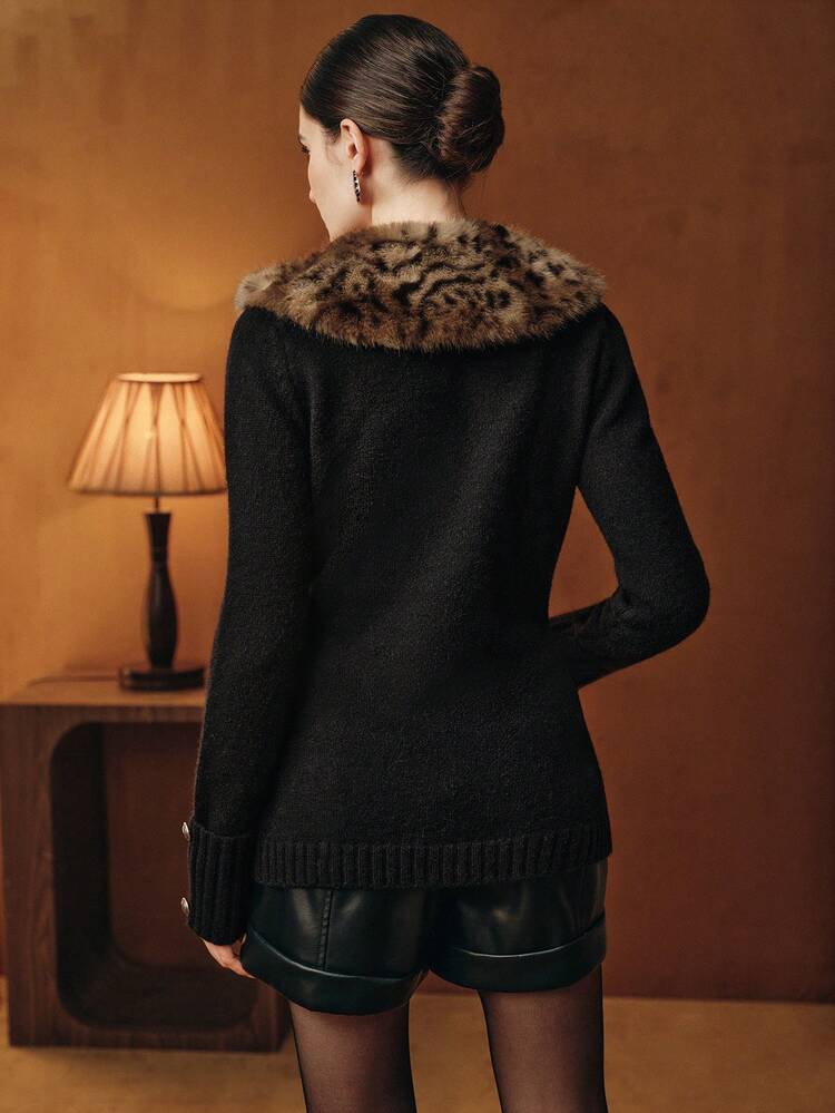 Vintage hochwertige abnehmbare Leoparden-Muster Fellkragen Patchwork Taillengürtel Damen Strickjacke, Winterpullover für Frauen, Kleidung für Neujahr, Leoparden-Muster, schwarze Oberteile