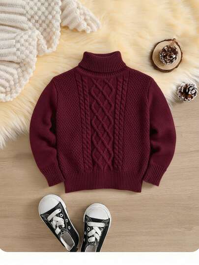SHEIN Baby/Toddler High Neck Vintage Textured Knit Sweater, Comfortable Casual Loose Fit For School, Home, Outings, Autumn/Winter