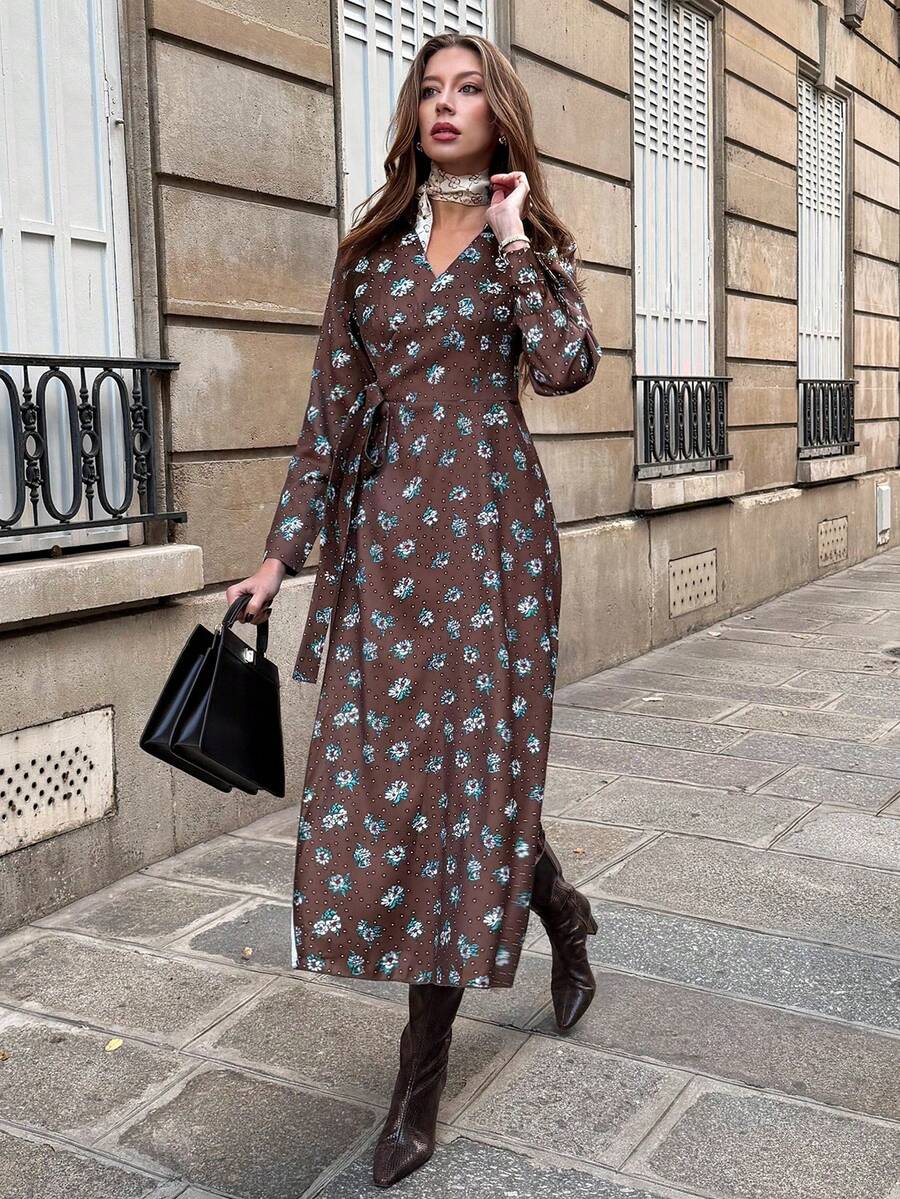 SHEIN PariChic 女士优雅碎花裹身系带长袖连衣裙，秋季 - 卡其色 - 查看 1