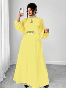 Elenzga Đầm xòe thắt eo thời trang tối màu nữ tính cỡ lớn (Thẩm mỹ thứ tư) Thiết kế cao cấp thanh lịch, khăn choàng voan hở tay hở eo, trang trí, phù hợp mặc hàng ngày, tiệc tùng, dạ tiệc - Vàng nhạt - Xem 2