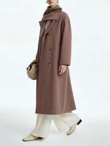 Aalyst 女士休闲长袖口袋收腰可拆卸领口设计直筒羊毛混纺大衣 - 咖啡棕 - 查看 4