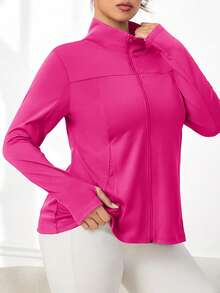SHEIN Rhythm Era 女士休闲运动纯色拉链领长袖外套 - 玫紅色 - 查看 5
