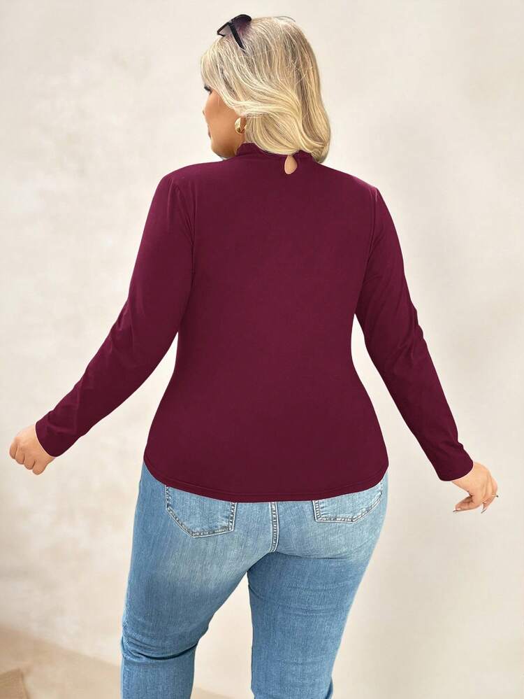 SHEIN Clasi Women's Casual Solid Color Slim Fit Long Sleeve Plus Size T-Shirt - Burgundy - View 2