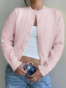 SHEIN 少女针织开衫，休闲纯色圆领长袖宽松短款毛衣，保暖舒适，时尚百搭，适合日常通勤 - 粉色 - 查看 9