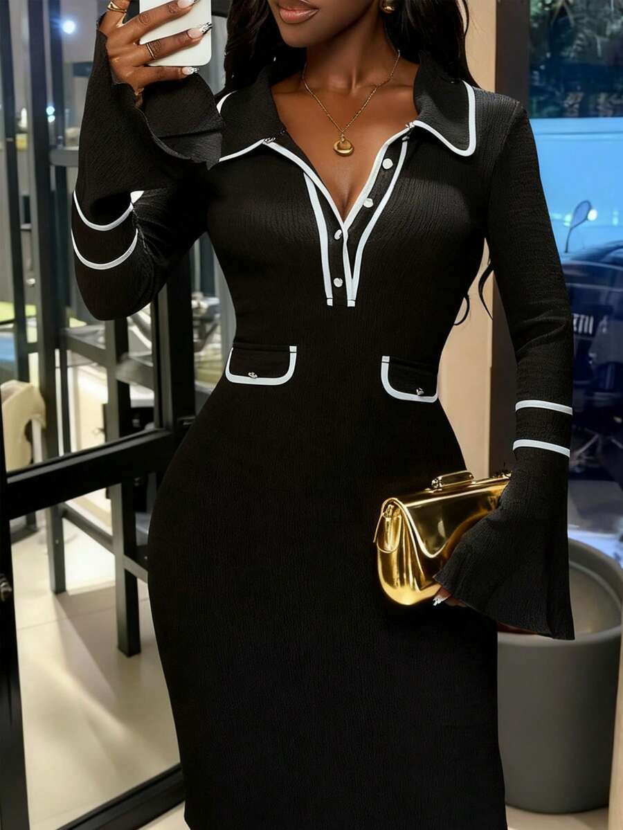 Veslaya فستان كنزة أنيق بتصميم أسود وأبيض للنساء ذوات الأحجام الكبيرة، مناسب للموسيقى والتنقل والاستخدام اليومي، موديل ربيع مبكر 2026