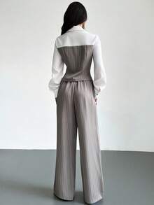 Firerie 优雅条纹单排扣长袖衬衫阔腿裤套装 / 条纹套装 / 适合女性 / 秋季女装 / 通勤装 / 教师装 / 返校季 / 复古风 / 商务休闲女装 / 女士办公室着装 / 老钱风格套装 / 知性优雅套装 - 彩色 - 查看 8