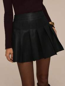 ATUI Studio Women's High Waist Pleated A-Line Mini Skirt, Fashion Casual Versatile Short Pleated Skirt, Modern Minimalist Skirt - Black - View 3