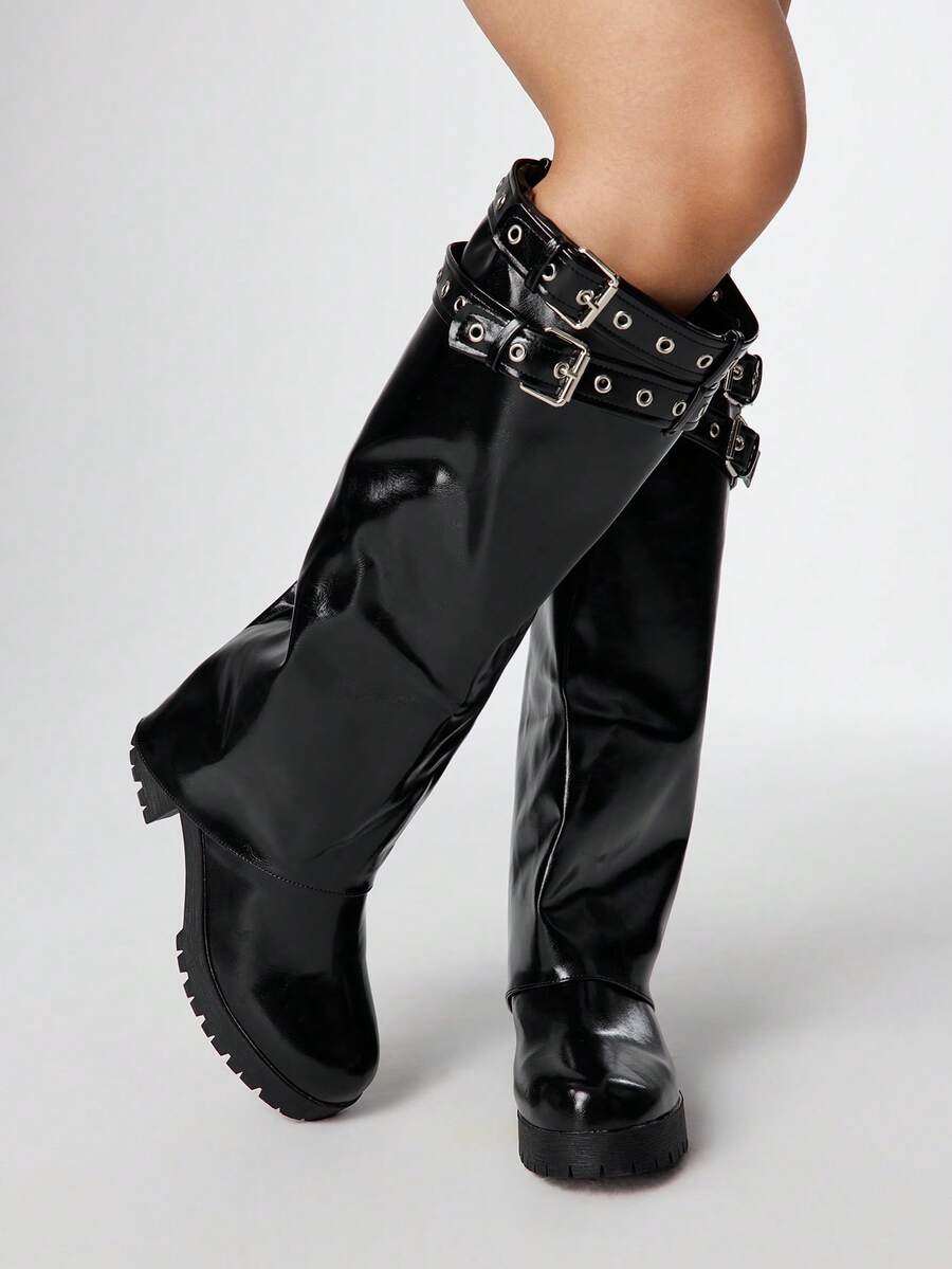 ROMWE Bốt cao đến đầu gối đế dày màu trơn đơn giản dành cho nữ - màu đen - Xem 1