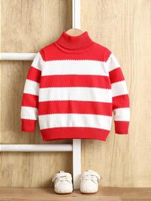 SHEIN 4pcs Red & White Striped Turtleneck Sweater Family Matching Outfits, Mommy And Me, Unisex Baby Winter Clothes - Multicolor - View 4