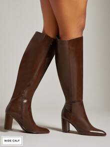 SHUZIA Botas altas hasta la rodilla con punta almendrada y tacón ancho para mujer - Café integral - Ver 4