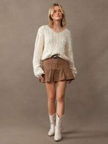 WESTFADE Mixed Stitch V Neck Relaxed Fit Long Sleeve Cable Knit Sweater Fall, Autumn, Winter, Holiday, Christmas, Flannel, New Years Eve, NYE - Apricot - View 4