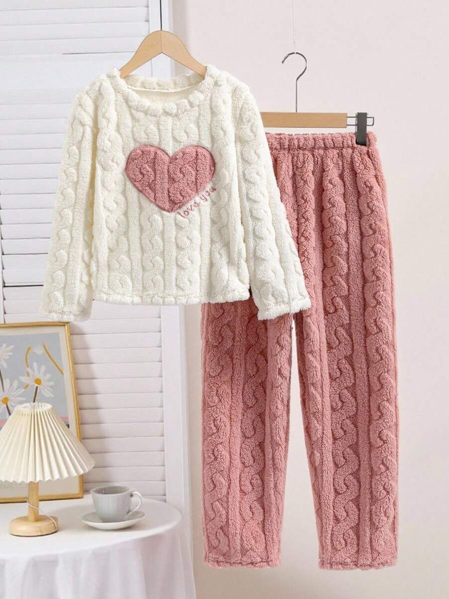 Genkimix Kids 2pcs Girls' Plush Jacquard Crew Neck Long Sleeve Top And Pants Pajama Set With Bear & Letter Pattern, Comfortable