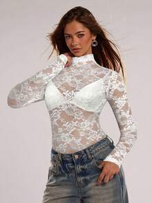 SHEIN BAE Bộ đồ liền thân ren hoa cổ đứng tay dài gợi cảm cho nữ - trắng - Xem 3