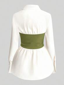 Franclia 2pcs Set: Waist Cinched Shirt & Wide Leg Pants, Slimming Design, Lapel Collar - Green - View 5