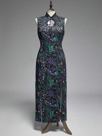 Goth Robe vintage romantique de style chinois pour femmes grande taille avec imprimé mystérieux de serpent noir découpé