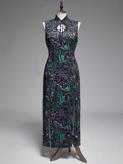 Goth Plus Size Vintage Romantic New Chinese Style Cut-Out Mysterious Dark Snake Print Dress For Women