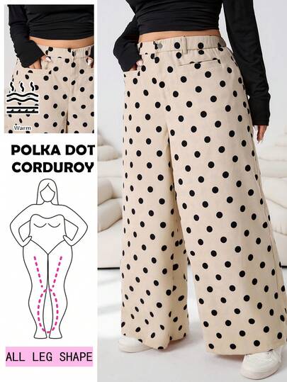 Solflare 2025 Autumn/Winter Versatile Corduroy Polka Dot Print Casual Pants For Women, Suitable For Outings, Dates, Daily Casual, Commuting, Gatherings, Home, Fashionable Urban, Plus Size