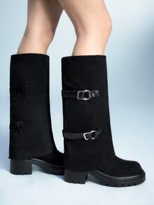 Sugerpunk Women's Fashion Versatile Commute Chunky Heel Knee-High Boots For Christmas - Black - View 2
