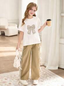 Conjunto de 2 piezas de top con lazo de strass y pantalones con lazo a rayas para niñas, moda callejera - Caqui - Ver 3