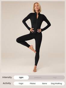 FeatherFit™-Slim-It Warm It's Chilly 羊毛衬里修身夹克 带拇指孔 秋冬瑜伽日常休闲 - 黑色 - 查看 6