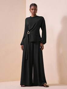 Zivah 2025秋季新款音乐节西式游牧风生日派对毕业大学生日常休闲装婚礼宾客波西米亚通勤机场派对假日优雅长袖褶皱肩部金属装饰腰带上衣和阔腿口袋裤两件套 - 黑色 - 查看 4