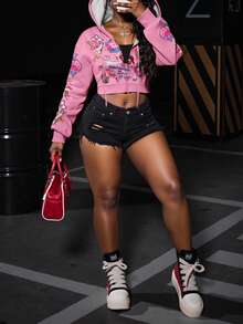 Rovax Women's Allover Print Hooded Zip-Up Cropped Long Sleeve Sweatshirt - Pink - View 4