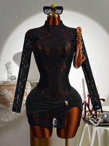 Mistrie This Is A New Style, Sexy, Sleeveless, Slanted Front-Opening Design Mini Chinese-Style Dress With A Short Skirt. It Is A Simple, Gothic-Style Sexy Dress With A Vest-Like Neckline, Made Of Lace Fabric With Openwork And Pleated Designs. - Black - View 2