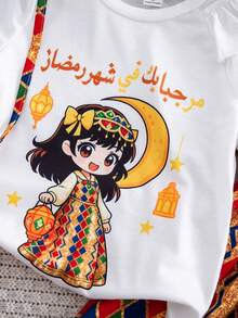 Abaya 2件組少女卡通印花圓領短袖上衣與滿版印花裙套裝，少女兩件式夏季女童套裝 - 彩色 - 查看 3