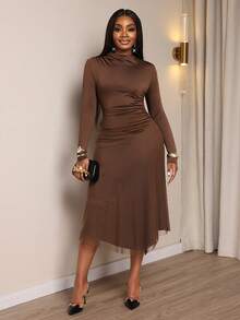 Xyvia Váy chữ A xếp ly lưới vá hở vai cổ cao tay dài màu nâu nguyên chất thời trang mới, thích hợp cho tiệc tốt nghiệp, sự kiện ngày lễ, hẹn hò và các dịp khác - màu nâu - Xem 1