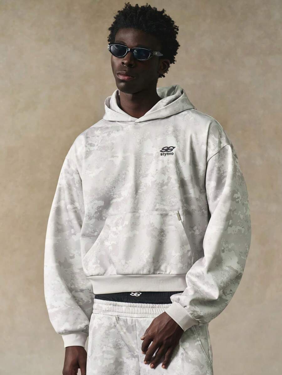 STYNVO 男士休闲迷彩印花连帽衫，秋冬灰色Y2K印花连帽衫，男士Y2K短款连帽衫，男士短款印花街头连帽衫 - 米色 - 查看 1