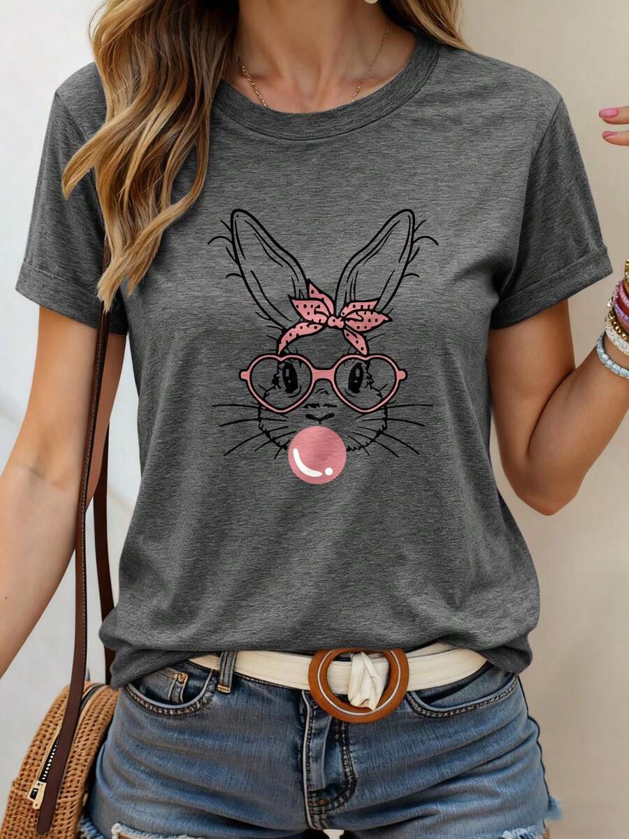INAWLY 兔子卡通圆领短袖T恤，复活节休闲装 - 深灰色 - 查看 1