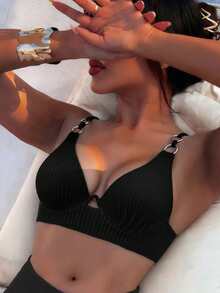 SHEIN Swim 2026 春夏款黑色可调节肩带聚拢度假短款上衣 - 黑色 - 查看 6