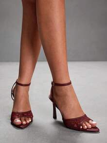 CUCCOO SZL Women's Pointed Toe Buckle Design Everyday Versatile Fashion High Heel Sandals For Christmas Spring Shoes Prom Heels - Burgundy - View 5