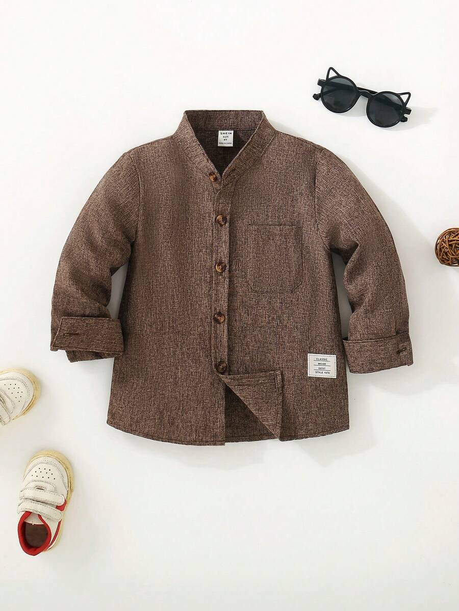 SHEIN Toddler Boys' Plain Simple Long Sleeve Shirt, Casual Everyday Wear - Brown - View 1