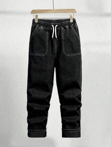 Jeans vaqueros vintage de tiro holgado y cómodos con cintura elástica, de un lavado azul profundo y corte cónico, para adolescentes - Negro - Ver 3