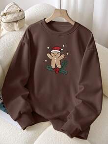 INAWLY Sweatshirt Wanita Motif Bordir Manusia Kue Jahe Natal Kerah Bulat - Coklat - View 3