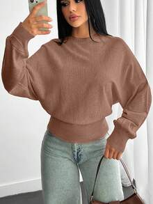EURMUSE Áo len dệt kim có cấu trúc với tay áo bồng bềnh, eo ôm, bo cong - Màu nâu  Mocha - Xem 5