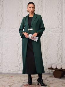 Al Najma Women's Solid Color Lapel NeckLong Sleeve Pocket Elegant Arabic Abaya - Green - View 5