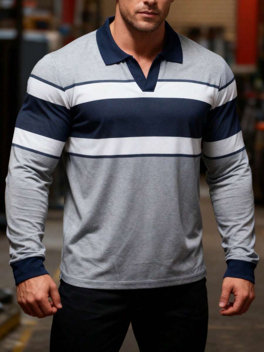 Manfinity Homme 浅灰色+海军蓝撞色休闲套头长袖Polo衫 - 淺灰色 - 查看 1