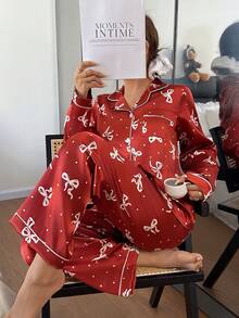 蝴蝶结波点仿丝绸女士长袖睡衣套装 - 紅色 - 查看 4